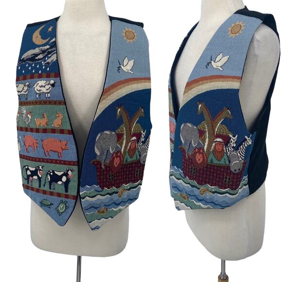 Vintage Jackets & Blazers - Vintage Noahs Ark Needlepoint Embroidered Animals Vest Open Front Blue Womens L